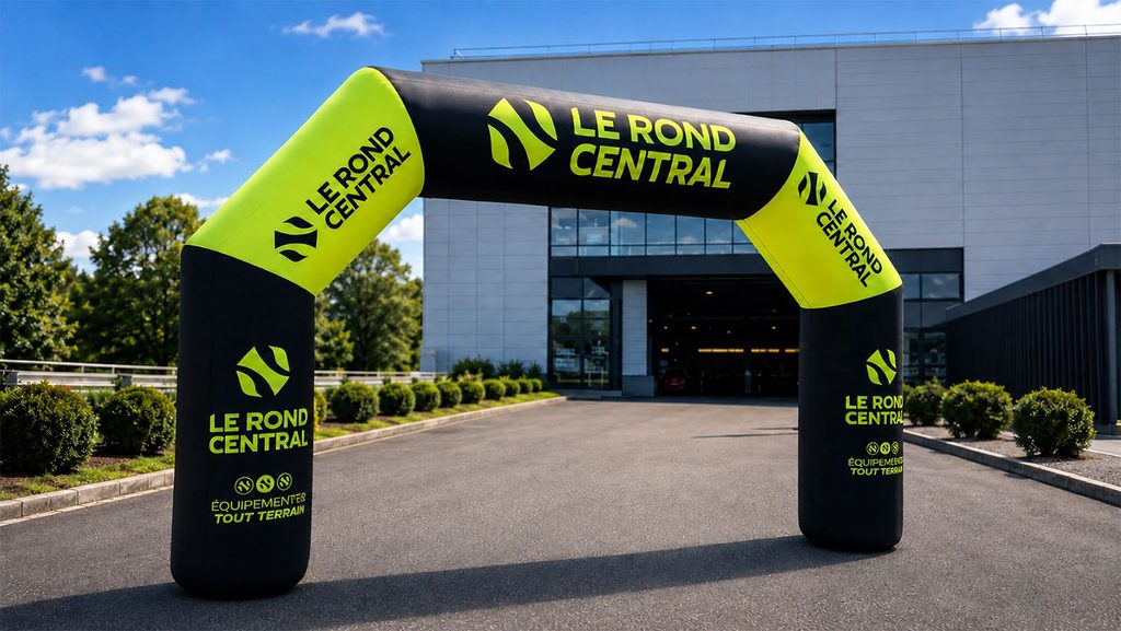 Arche gonflable Le Rond Central installée à l'entrée d'un complexe sportif