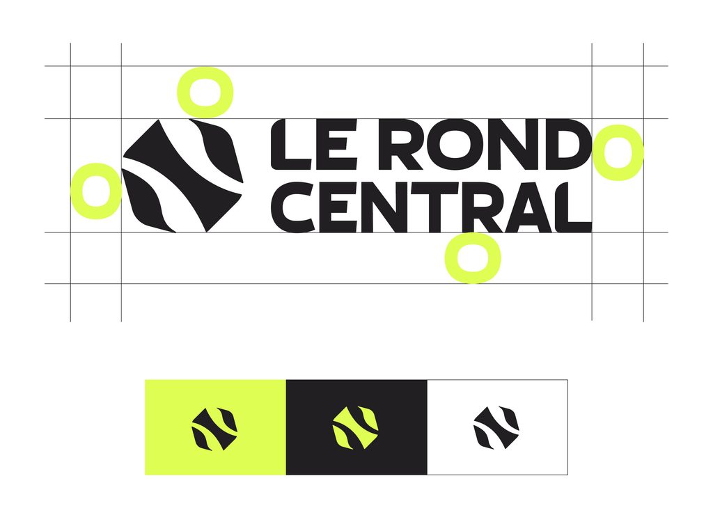 Déclinaisons du logotype Le Rond Central sur fonds volt, noir et blanc